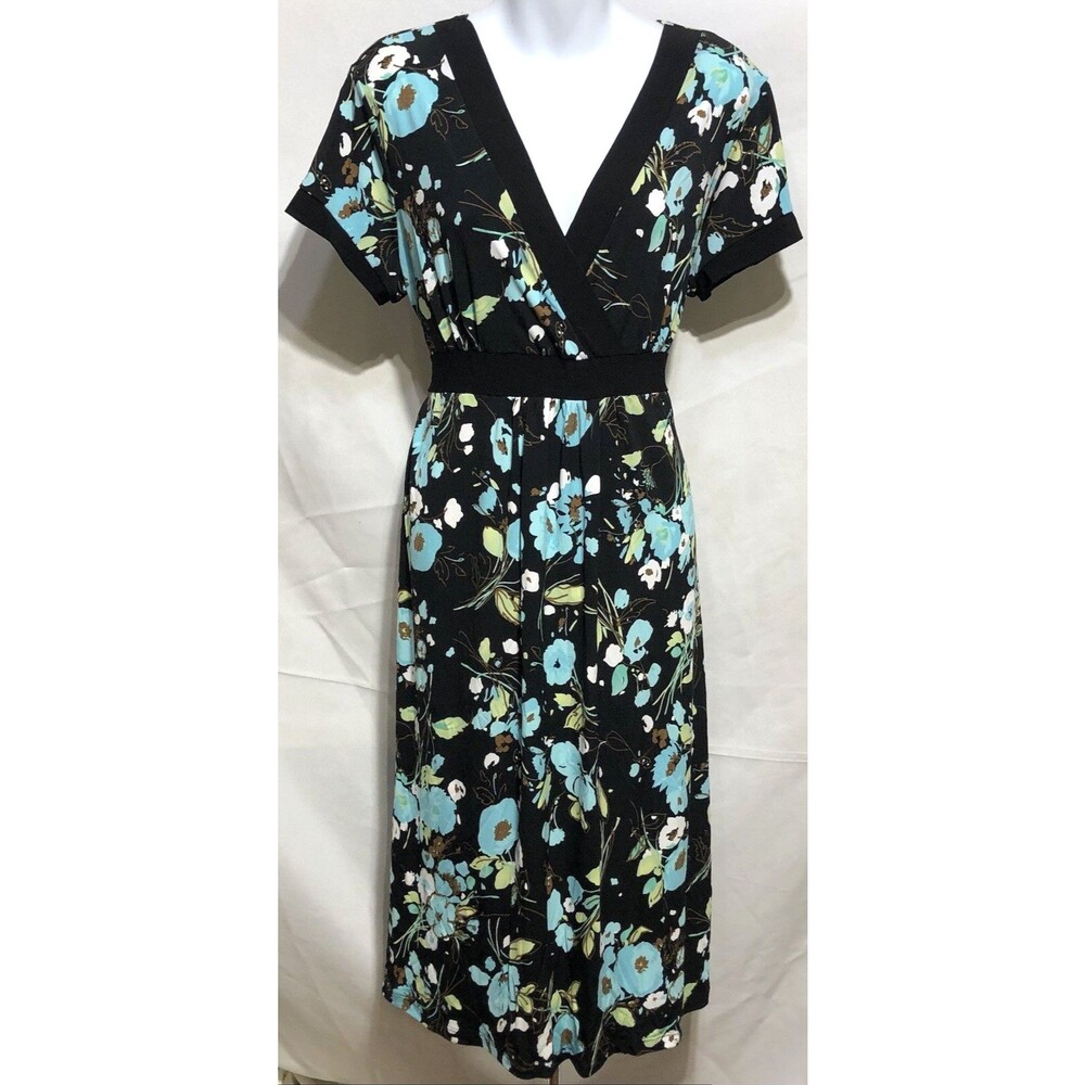 Susie in City Surplice Retro Dress XL Blk/Teal Mod Short Sleeve Belted 60s Funky